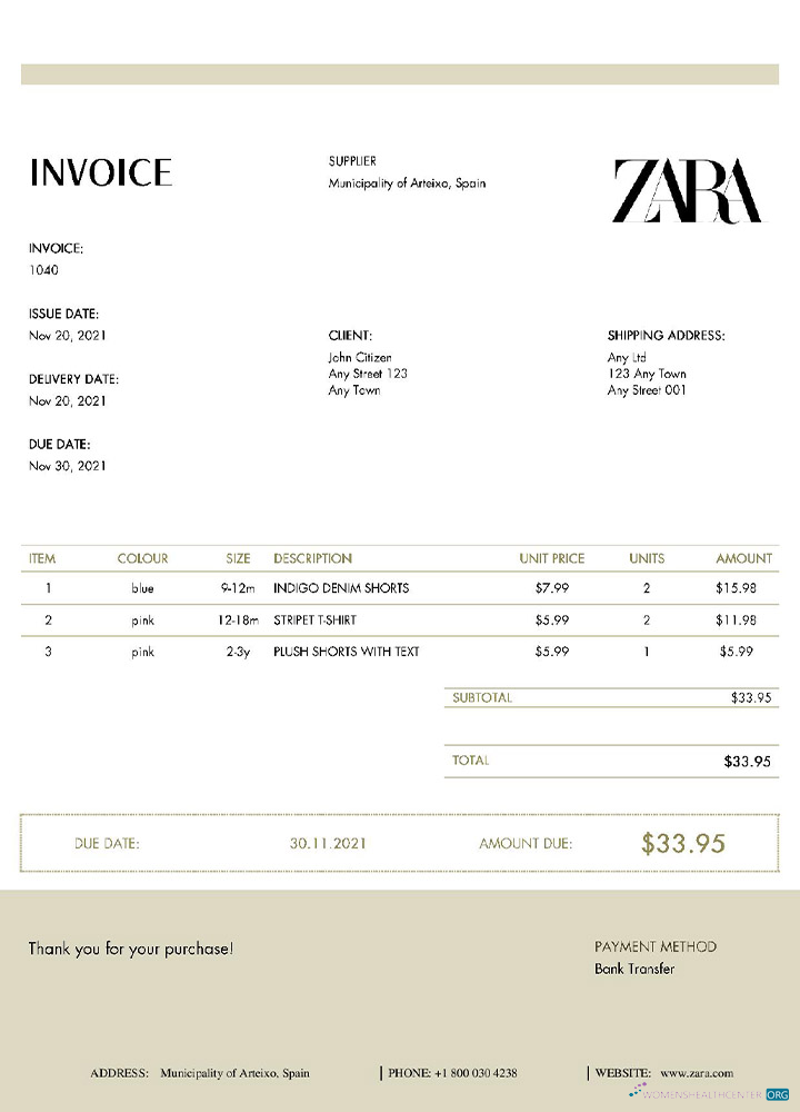 Download USA ZARA invoice template Photoshop template
